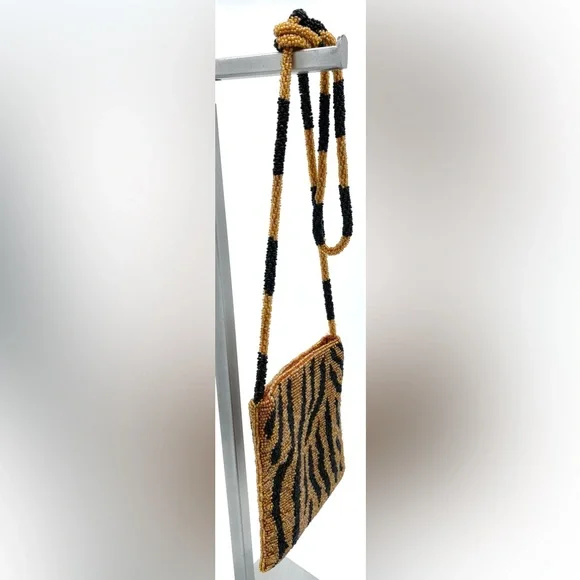 Vintage Tiger Striped Glass Beaded Crossbody Purse Dance Club Party Cocktail Bag - Picture 4 of 15